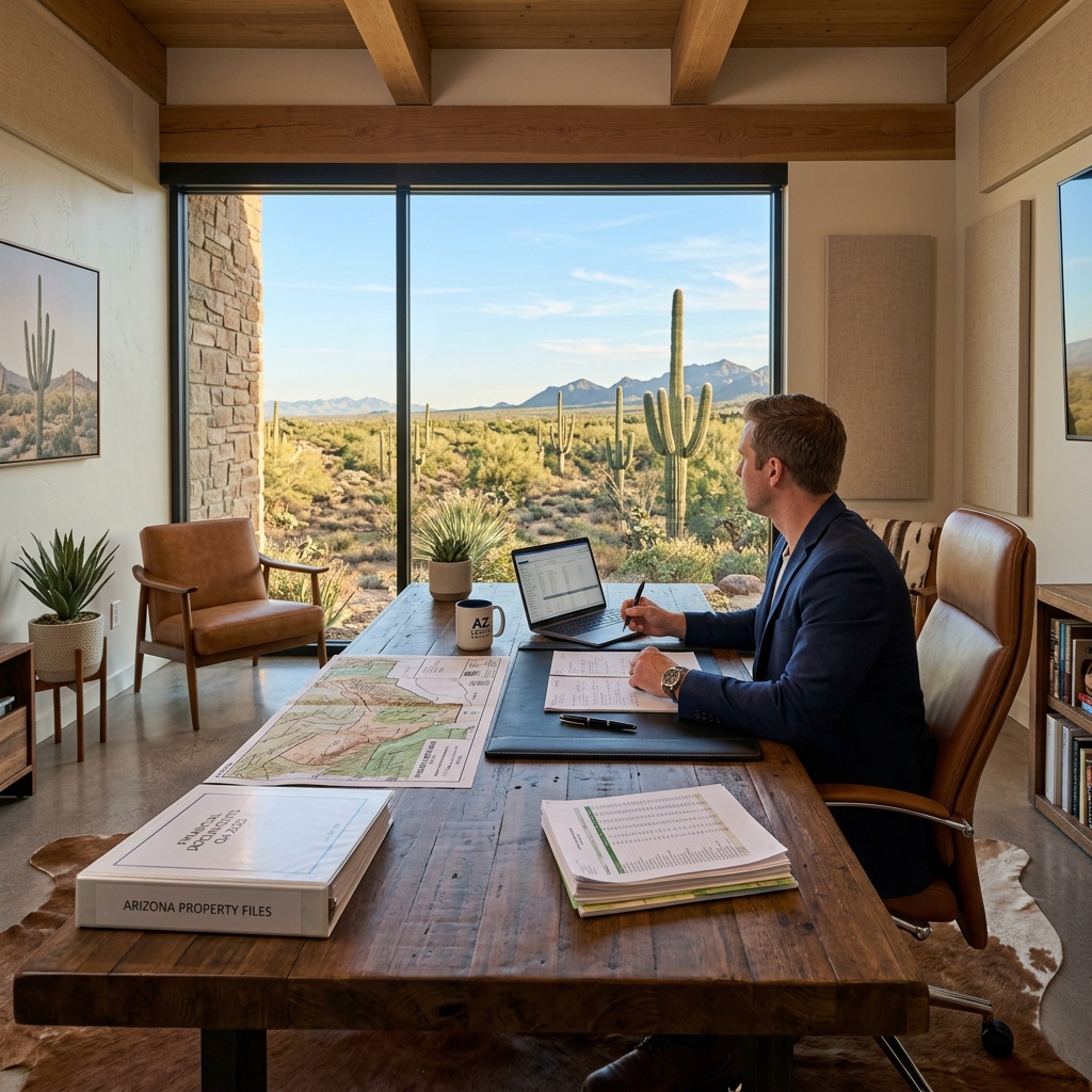 A businessman reviews property files in a modern office with desert views, highlighting Arizona real estate opportunities.