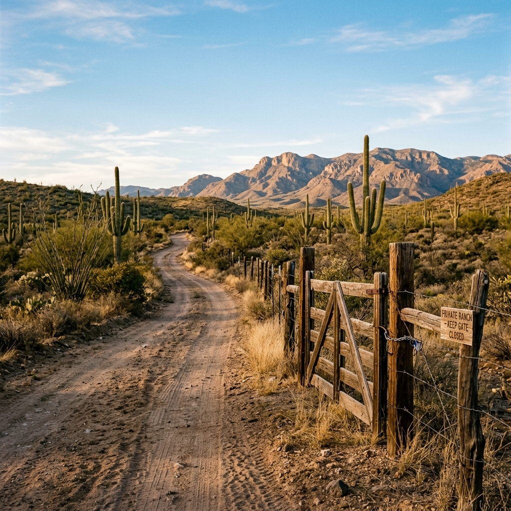 Scenic dirt road winding through desert landscape with cacti and mountains under a blue sky. Gate marked 'Private Ranch'.