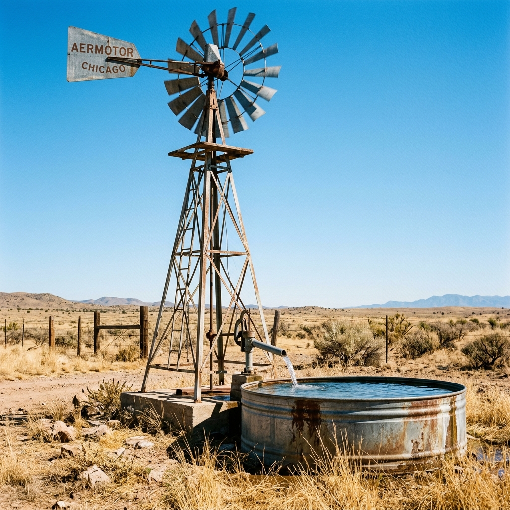 Vintage Aermotor windmill and water tank in a dry landscape under a clear blue sky, showcasing rustic Americana.
