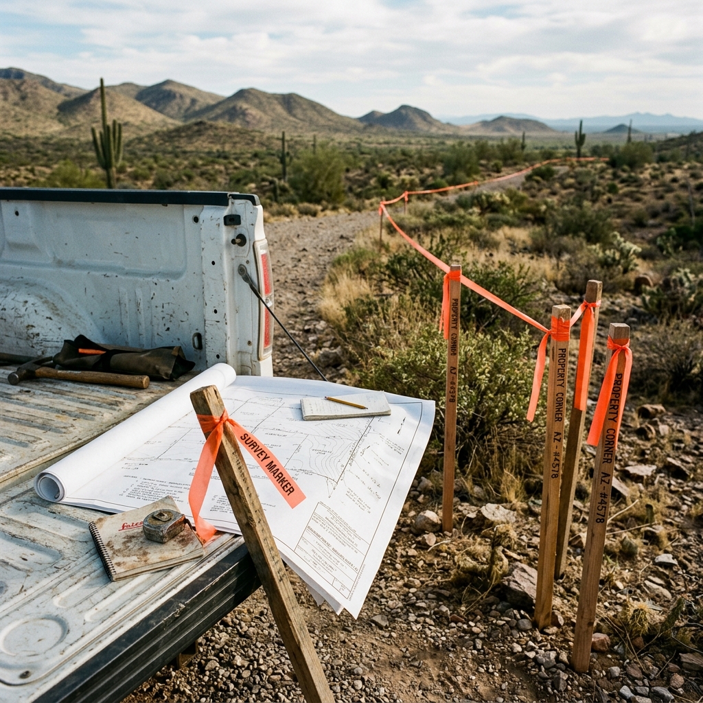 Construction plans spread on a truck bed in a desert landscape, marked stakes indicate survey boundaries.