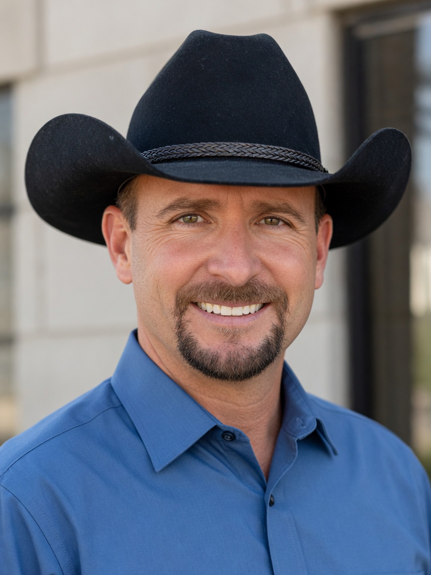 Smiling man in a black cowboy hat and blue shirt, posing outdoors against a neutral backdrop.