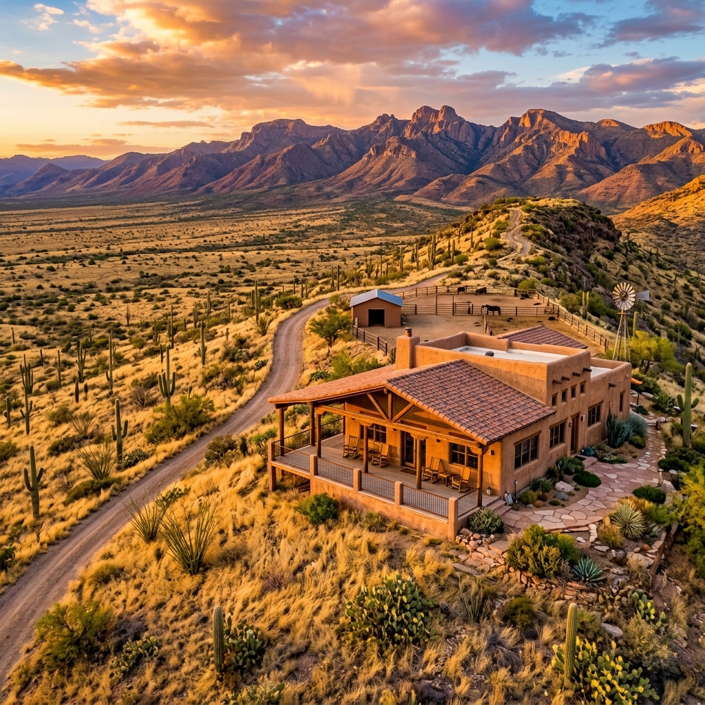 Scenic desert home with mountain views, surrounded by cacti and a winding dirt road at sunset. Perfect for tranquil getaways.