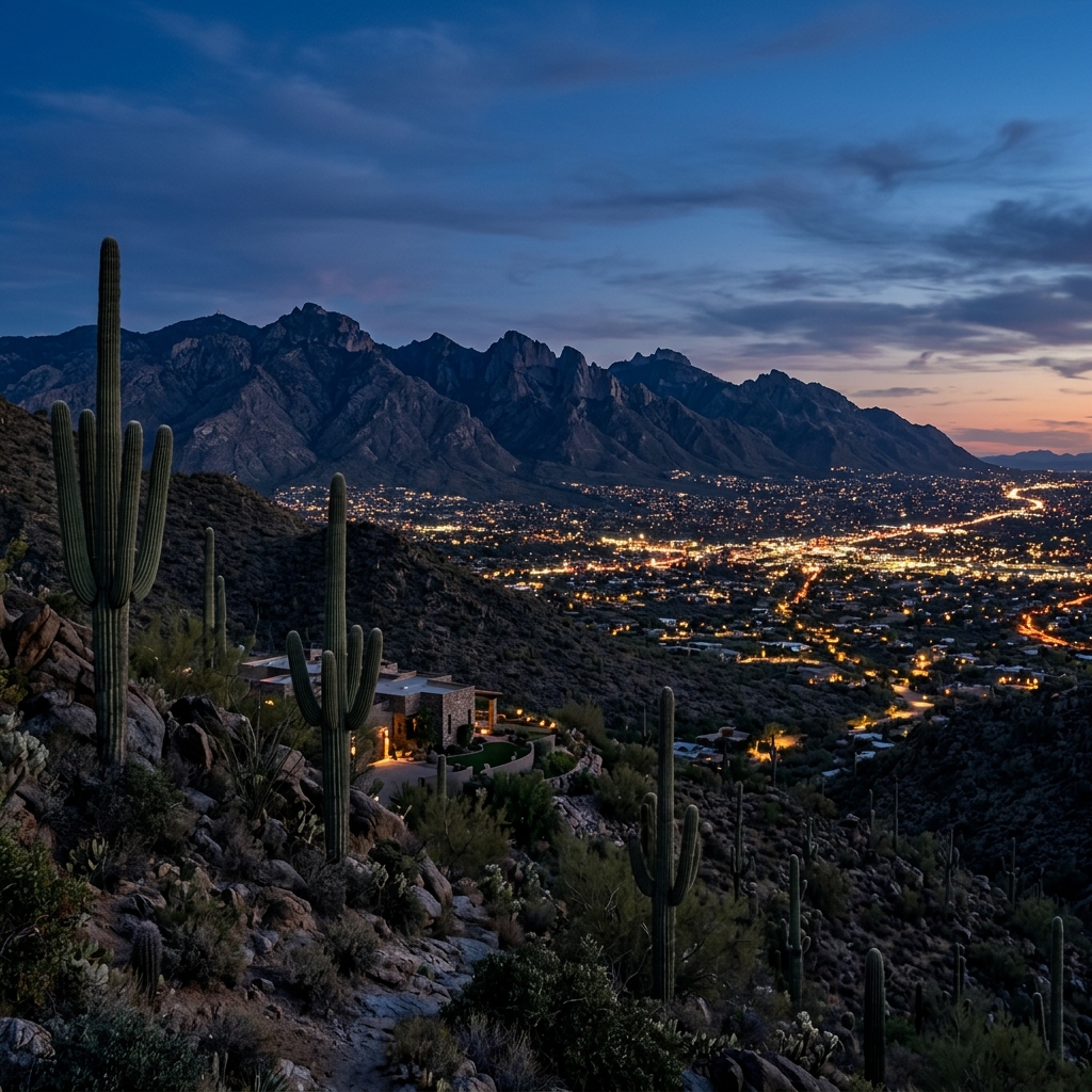 Scenic view of Tucson, Arizona at dusk, showcasing cacti and mountain silhouettes against a glowing city skyline.