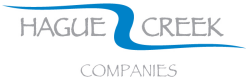 Logo of Hague Creek Companies, featuring stylized text and a flowing blue design element, representing innovation and growth.