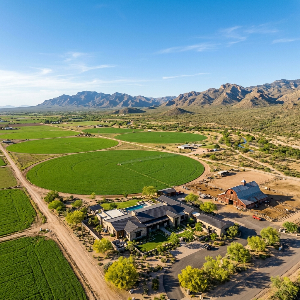 Aerial view of a lush green farm surrounded by mountains and farmland under a clear blue sky. Perfect for scenic retreats.