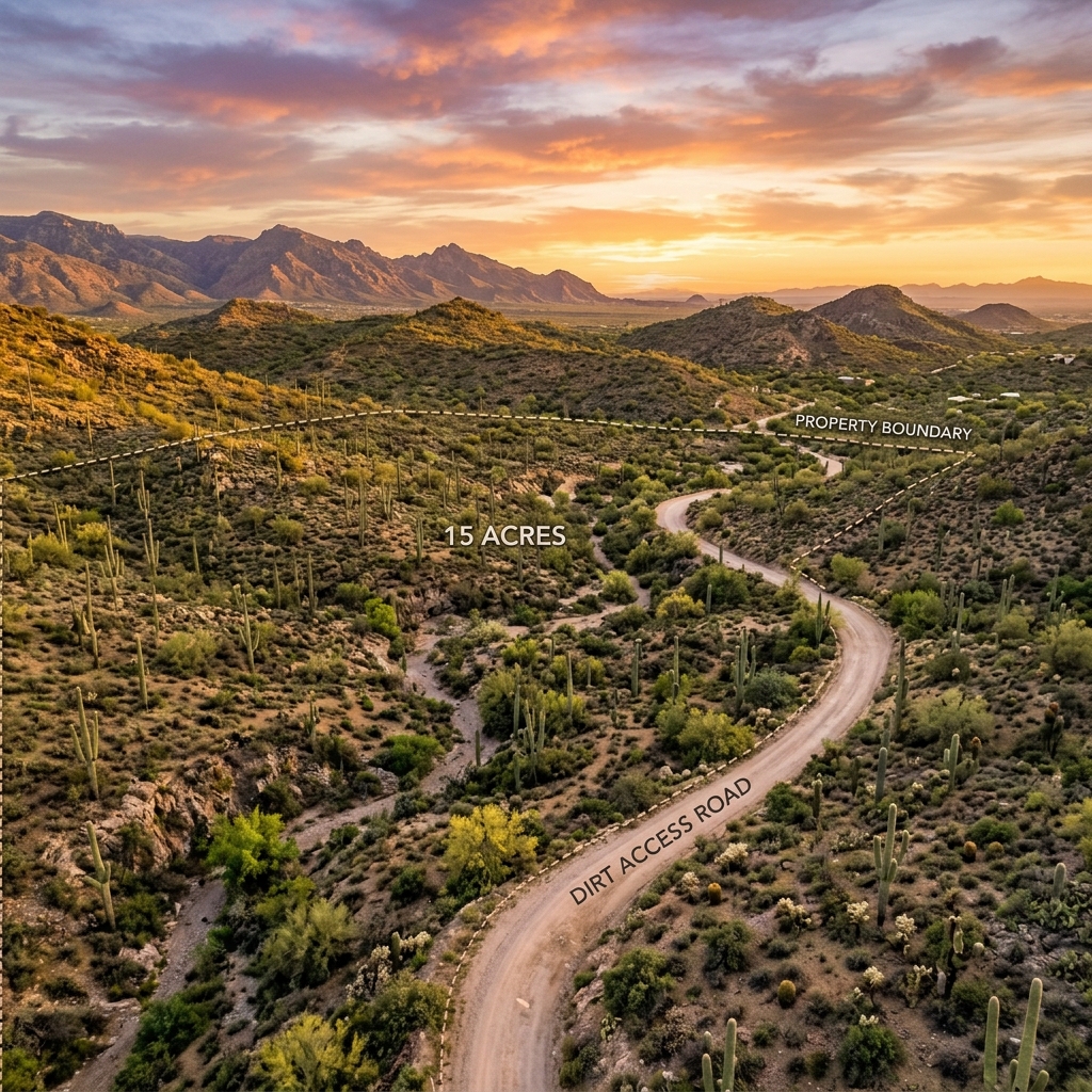 Aerial view of 15-acre property with dirt access road and desert landscape at sunset. Perfect for investment or development.
