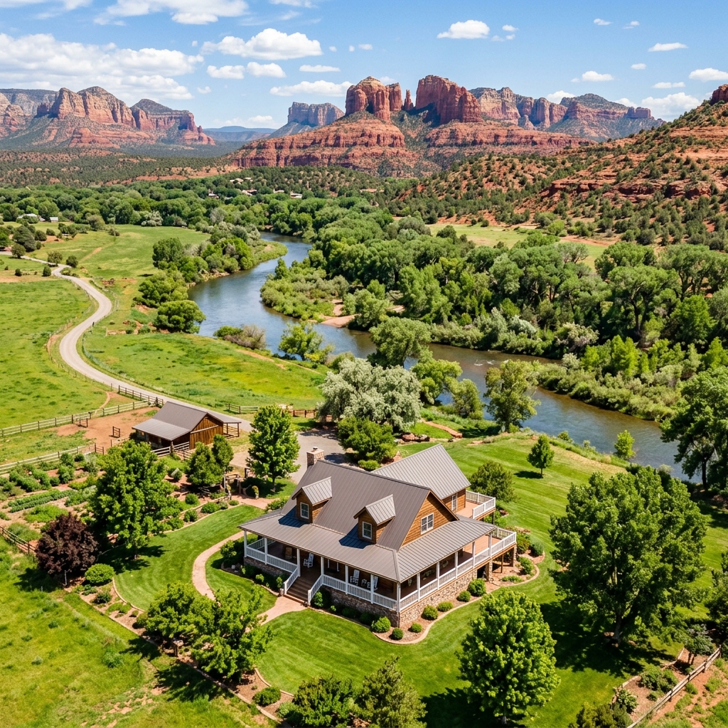 Scenic aerial view of a beautiful home with lush gardens, river, and red rock formations in the background.