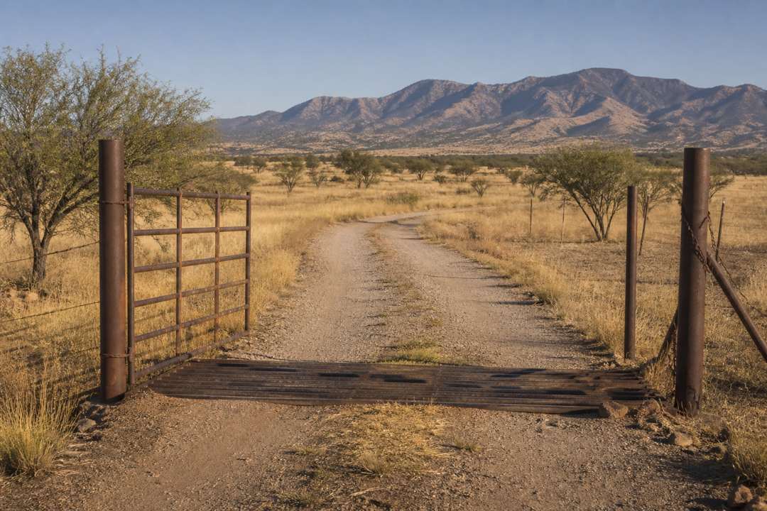 Open ranch gate and cattle guard on a dirt road through Arizona grassland